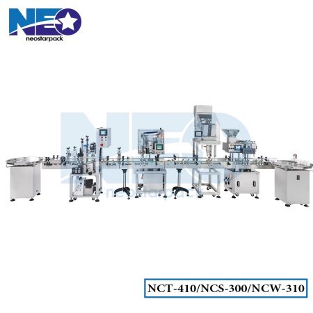 Production Line with Automatic Counting, Filling, and Capping Machines (Counting Machines, Power Filling Machines, Capping Machines, and Aluminum Foil Sealers)